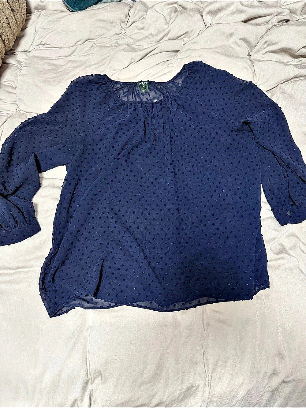 J.Crew Swiss Dot Keyhole Long Sleeve Blouse Blue Medium